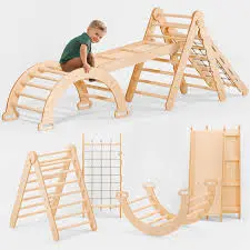 4in1 Montessori Climbing Frame Set: Slide Board/Ramp + Netting Rope Beige Color